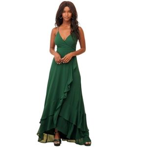 Lulu's In Love Forever Emerald Green Lace-Up High-Low Maxi Dress